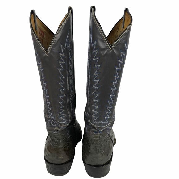 Justin Ostrich Cowboy Boots Mens Sz 7 Wide 7W Gray Leather Blue Stitch Round Toe main image 7
